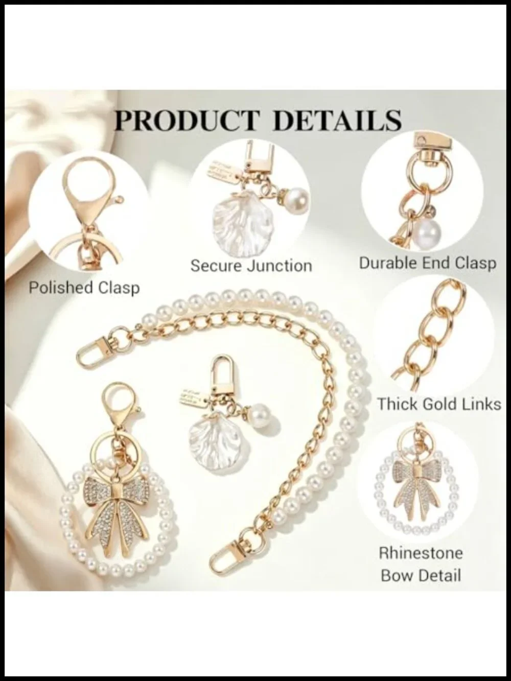 Pearl Purse Chain Set with Rhinestone Bow & Shell Pearl Keychain - 3pc